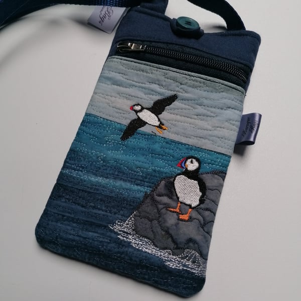 Puffins embroidered Crossbody Phone case with zipped pocket