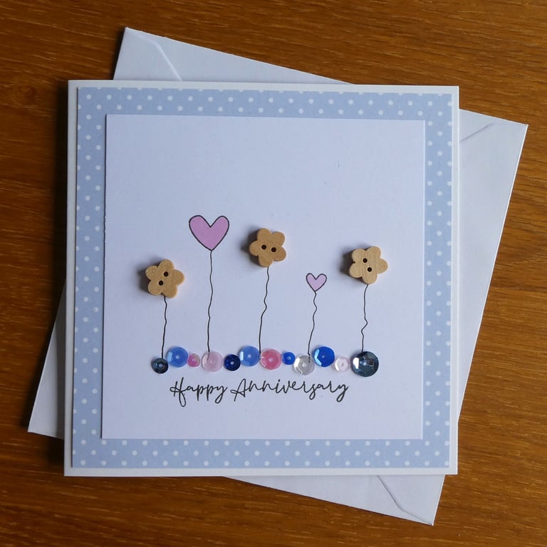 Happy Anniversary Card - Hearts, Flowers and Sequins - Blue and White Polka Dot