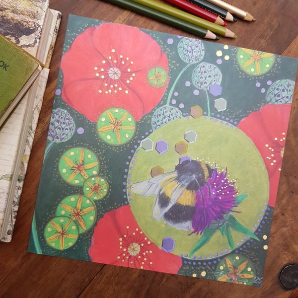 Bumblebee and wild flowers art print 