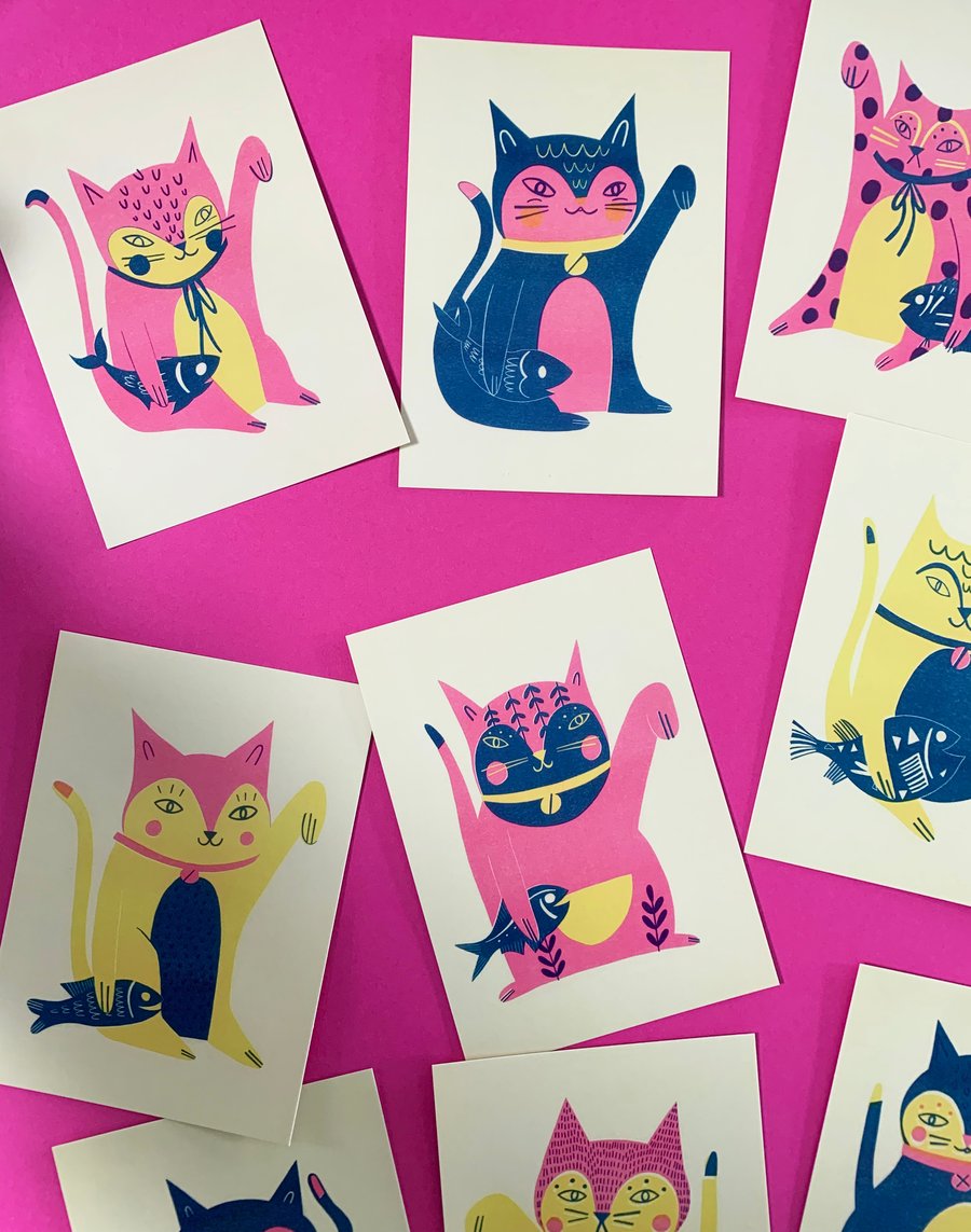 Nine Lucky Cat Postcards