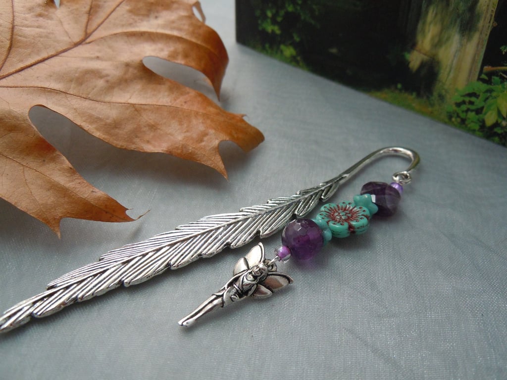 Metal & beads, feather & fairy bookmark