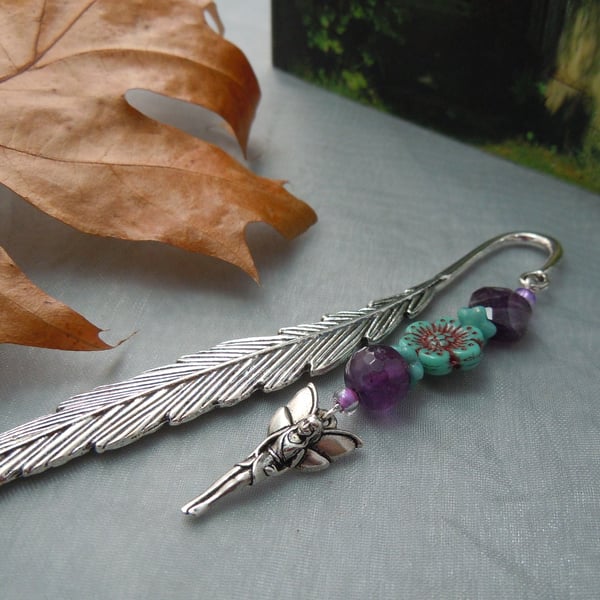 Metal & beads, feather & fairy bookmark