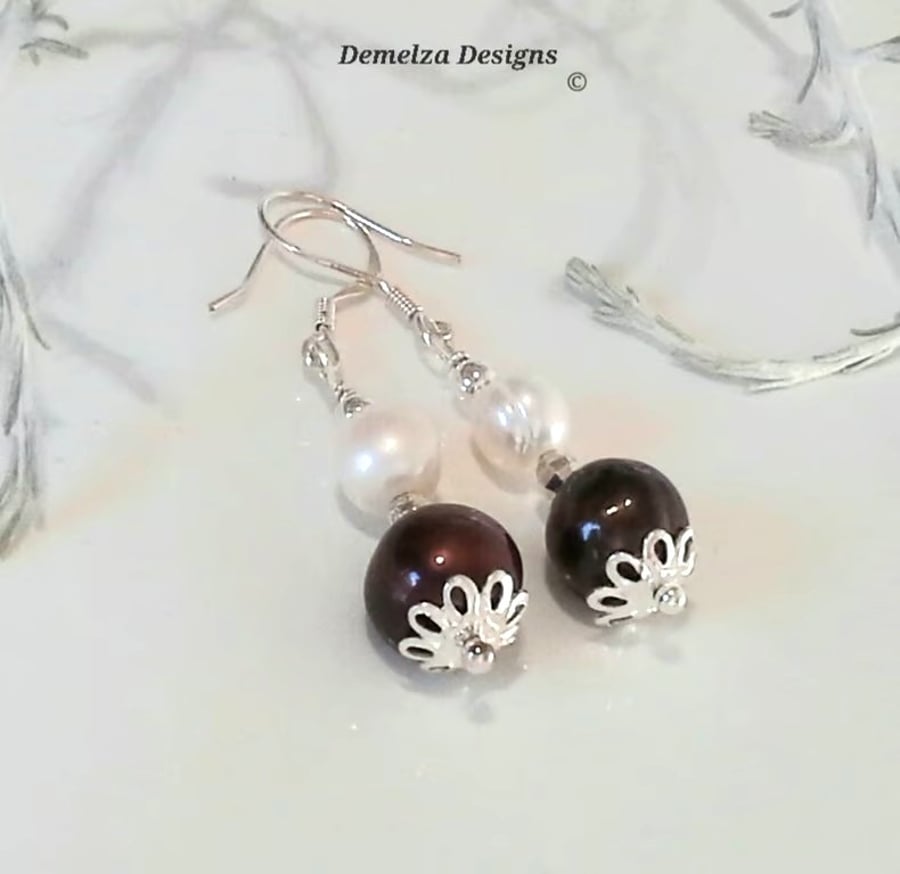 Chocolate & White Freshwater Pearl Sterling Silver Earrings 