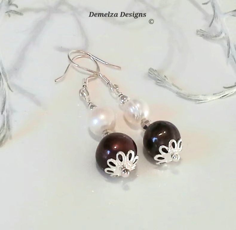 Chocolate & White Freshwater Pearl Sterling Silver Earrings 
