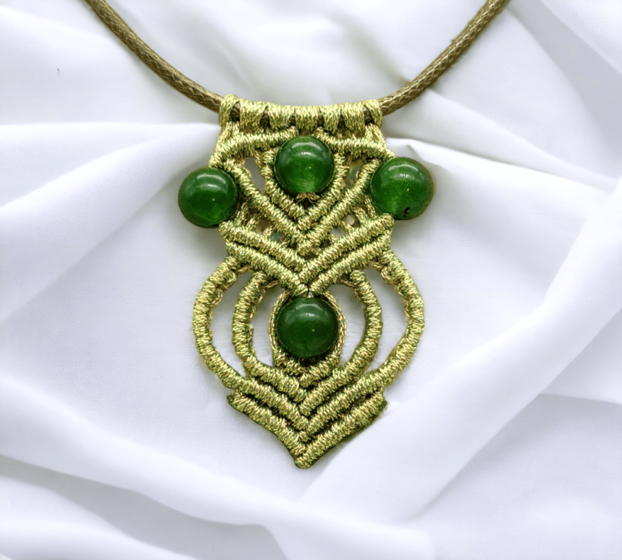 Green Beaded Jade Gemstone Macrame Necklace - Handmade Jewelry for Her