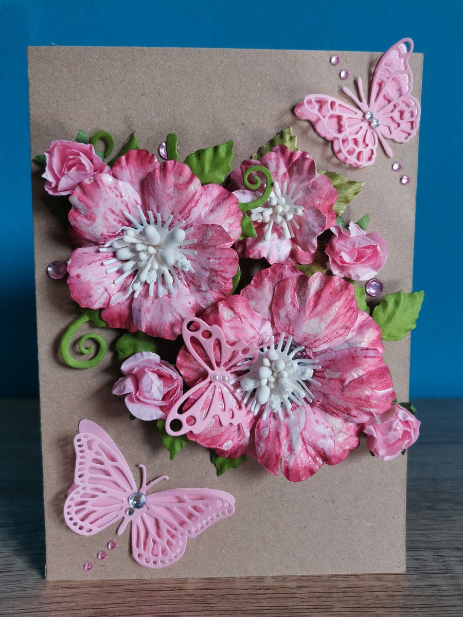Pink  butterfly flowers - Very luxury handmade keepsake greeting card with box