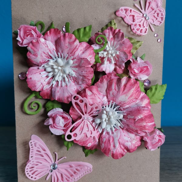 Pink  butterfly flowers - Very luxury handmade keepsake greeting card with box
