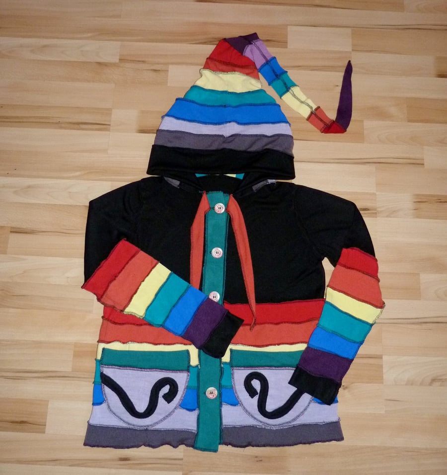 SALE Upcycled Rainbow Jacket with Buttons Hood Patch Pockets and Neck Ties.