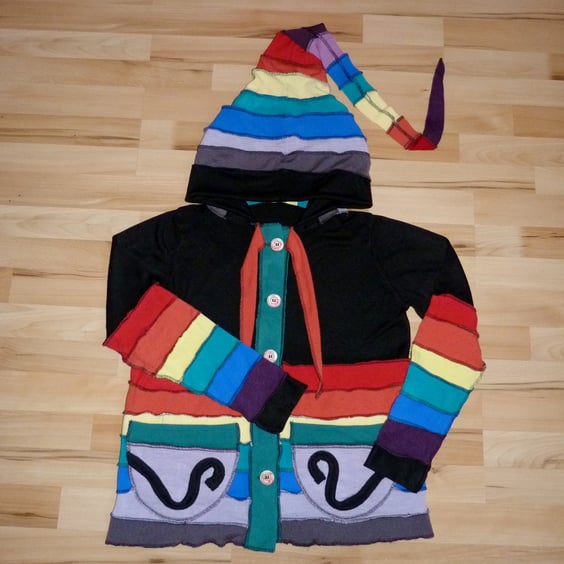 SALE Upcycled Rainbow Jacket with Buttons Hood Patch Pockets and Neck Ties.