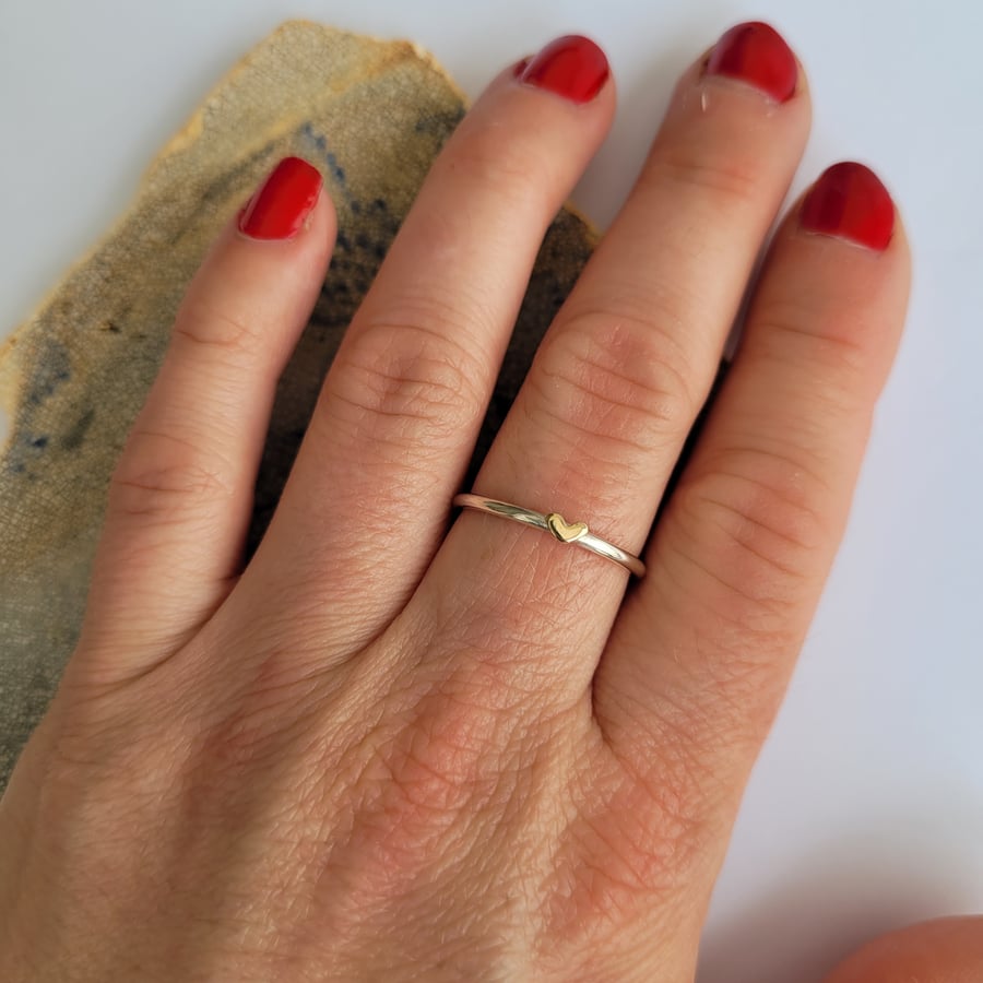 Dainty Silver Ring with Gold Heart, Recycled Sterling Silver, 9ct Yellow Gold