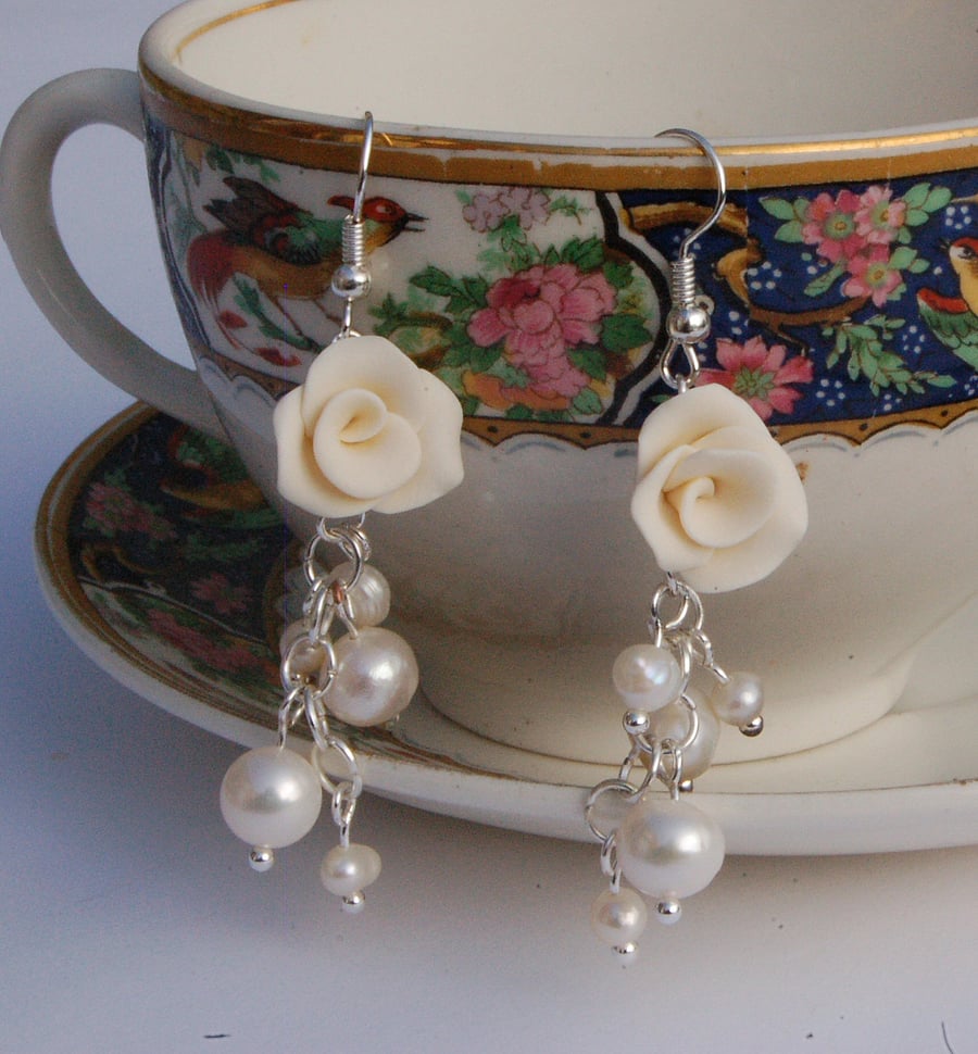 Ivory Rose and Pearl Earrings