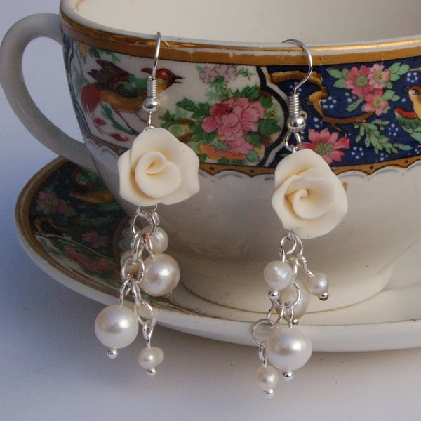 Ivory Rose and Pearl Earrings