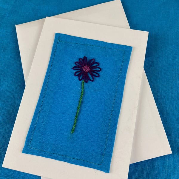 Purple daisy hand embroidered card.
