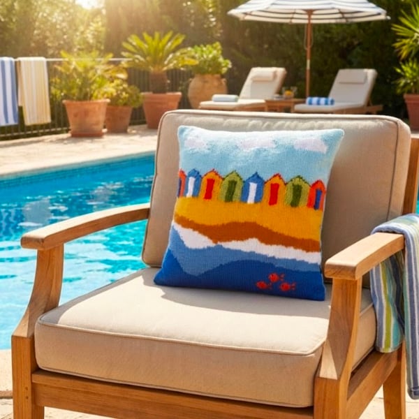 Beach Huts Cushion Knitting Pattern, Digital PDF file sent via email