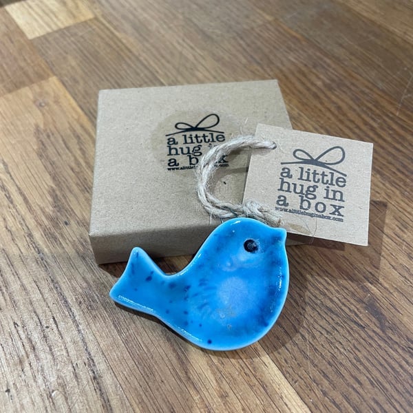  A Little Hug in a Box Hand Made blue speckled Porcelain Bird  