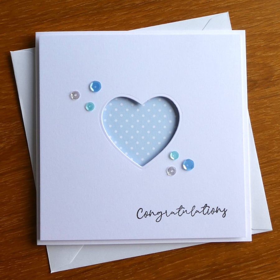 Congratulations Card - Pale Aquamarine and White Polka Dot Heart Aperture