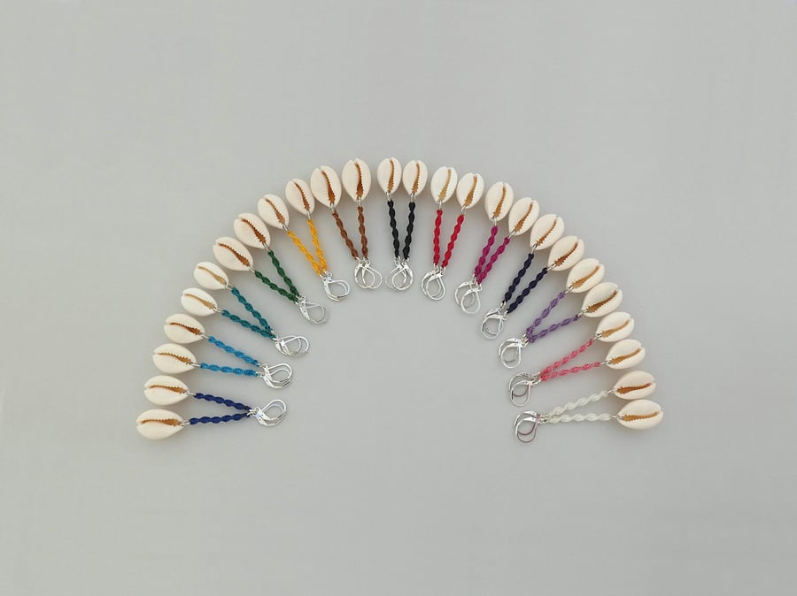 Silver plated cowrie shell & macramé spiral earrings with 13 colour options. 447