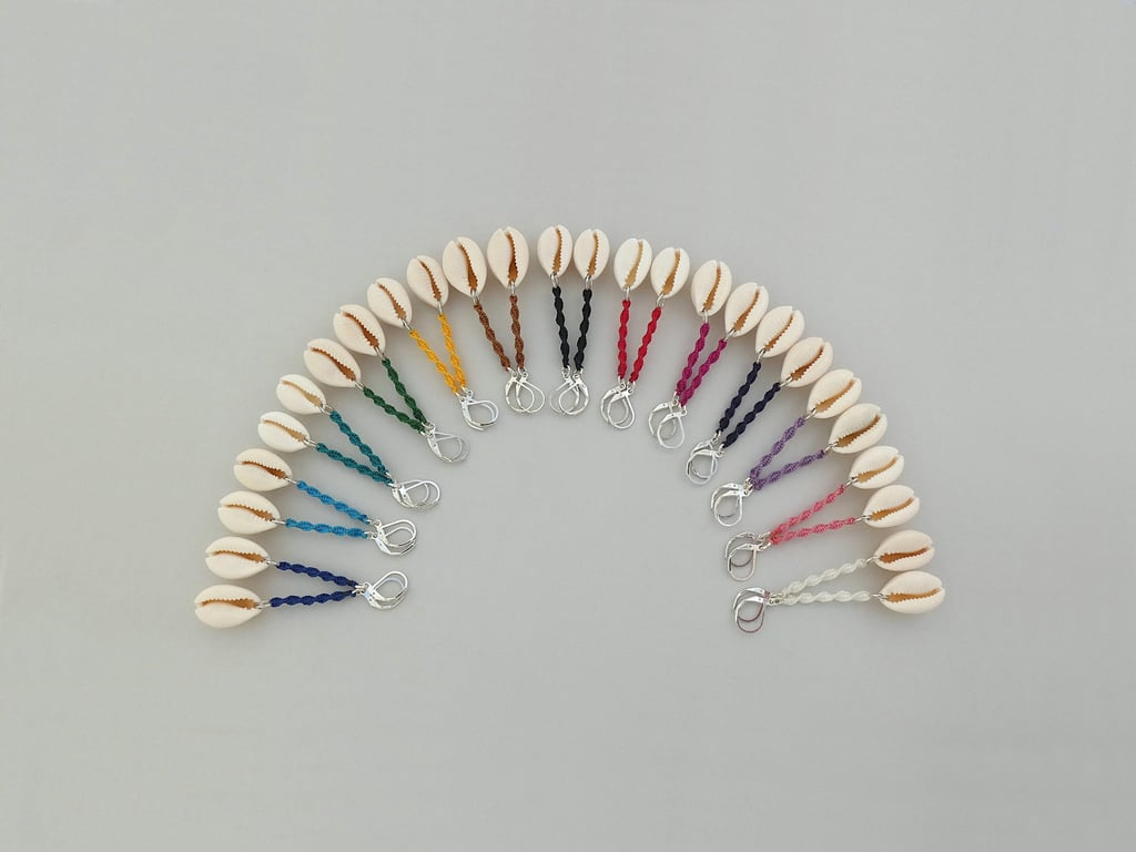 Silver plated cowrie shell & macramé spiral earrings with 13 colour options. 447