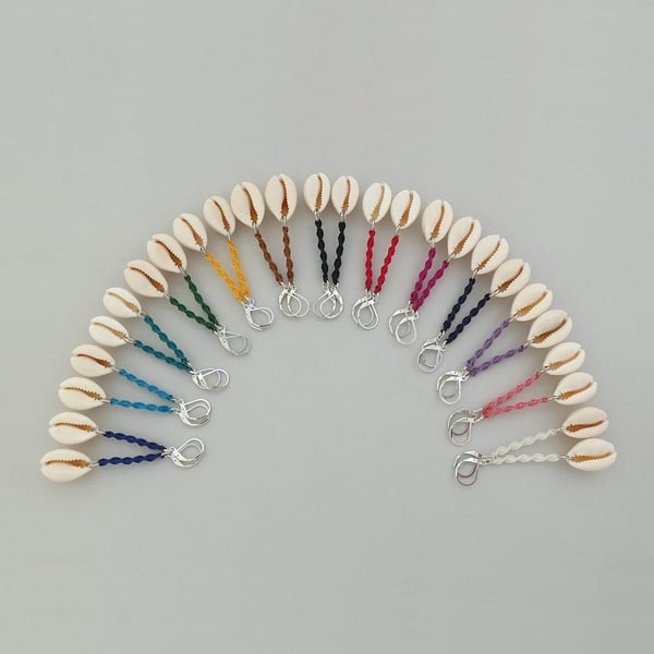Silver plated cowrie shell & macramé spiral earrings with 13 colour options.