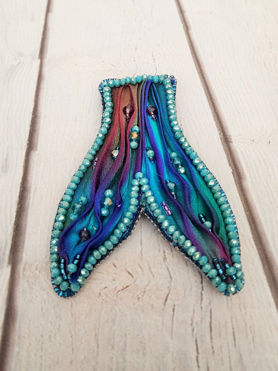 Mermaid Tail Brooch, Ribbon Embroidery Brooch, Mermaid Gift, Shibori Ribbon Broo