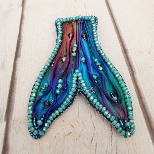 Mermaid Tail Brooch, Ribbon Embroidery Brooch, Mermaid Gift, Shibori Ribbon Broo