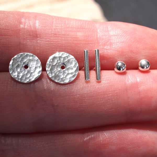 Silver Interchangeable Earring Set, Silver Stud Earrings, Dot Dash Disc