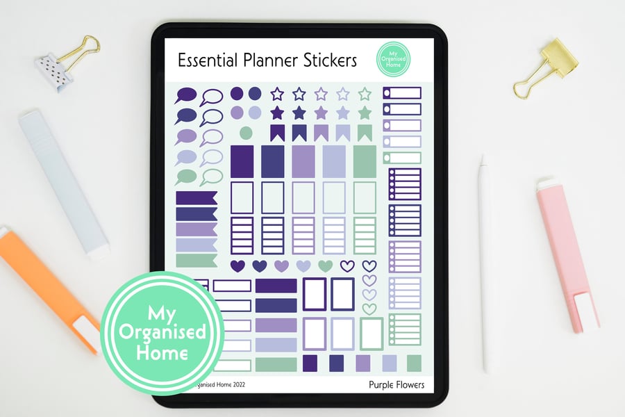 Essentials Digital Planner Stickers - PNG & GoodNotes Elements file - Purple Flo