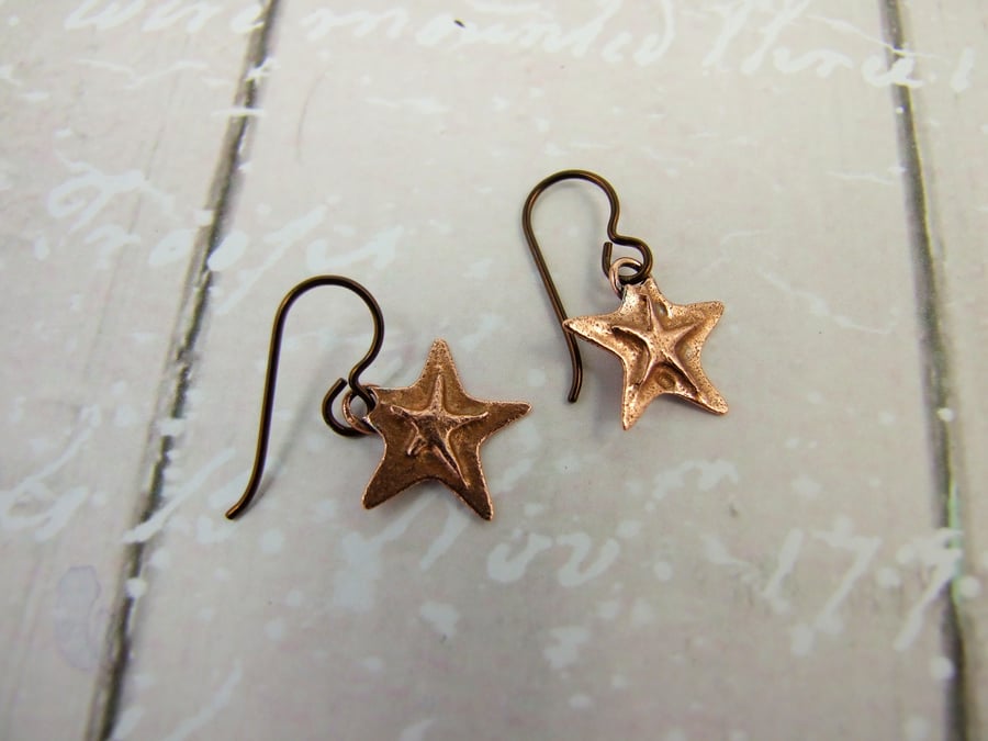 Earrings, Copper Starfish Droppers with Hypoallergenic Niobium Earwires