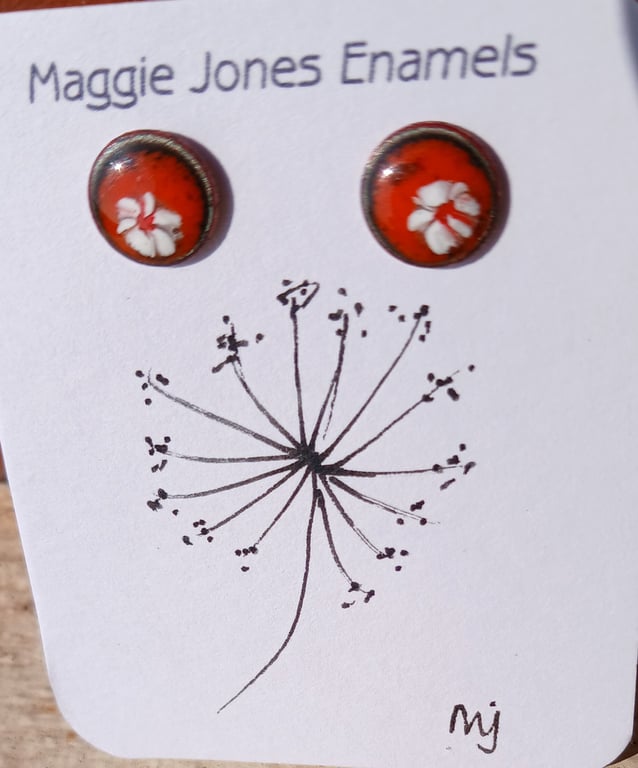 Round stud earrings - 9mm - Enamelled with sterling silver post -ORANGE WHITE 
