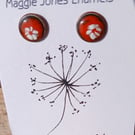 Round stud earrings - 9mm - Enamelled with sterling silver post -ORANGE WHITE 