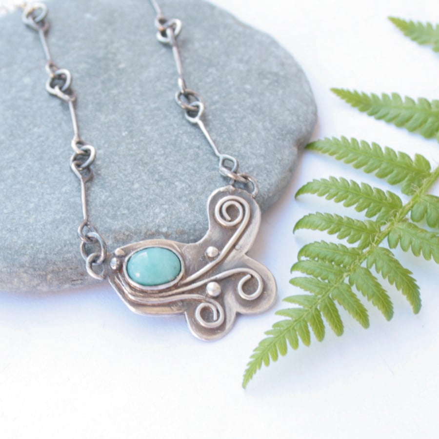Sterling silver botanical necklace inspired by ferns, gemstone necklace