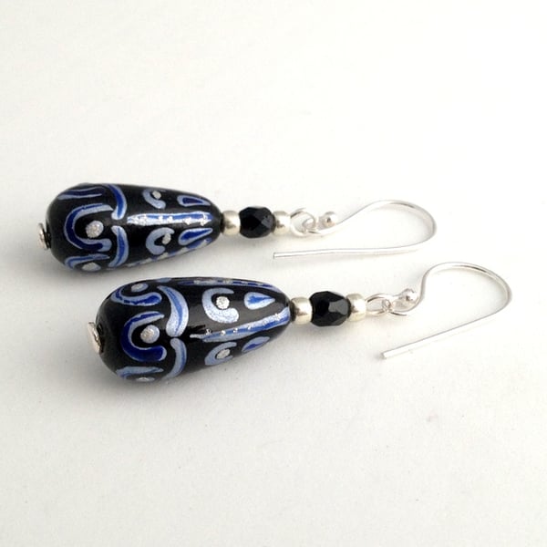 Blue & Black Pattern Drop Earrings