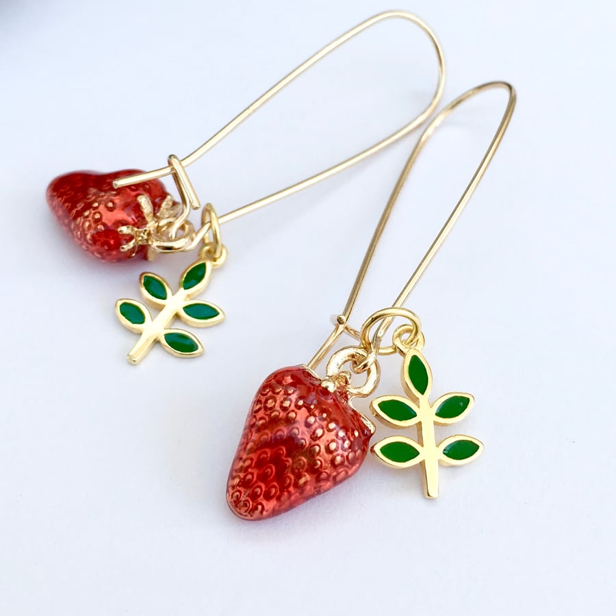 Strawberry Earrings Gold plated silver Earrings with Red Green Enamel