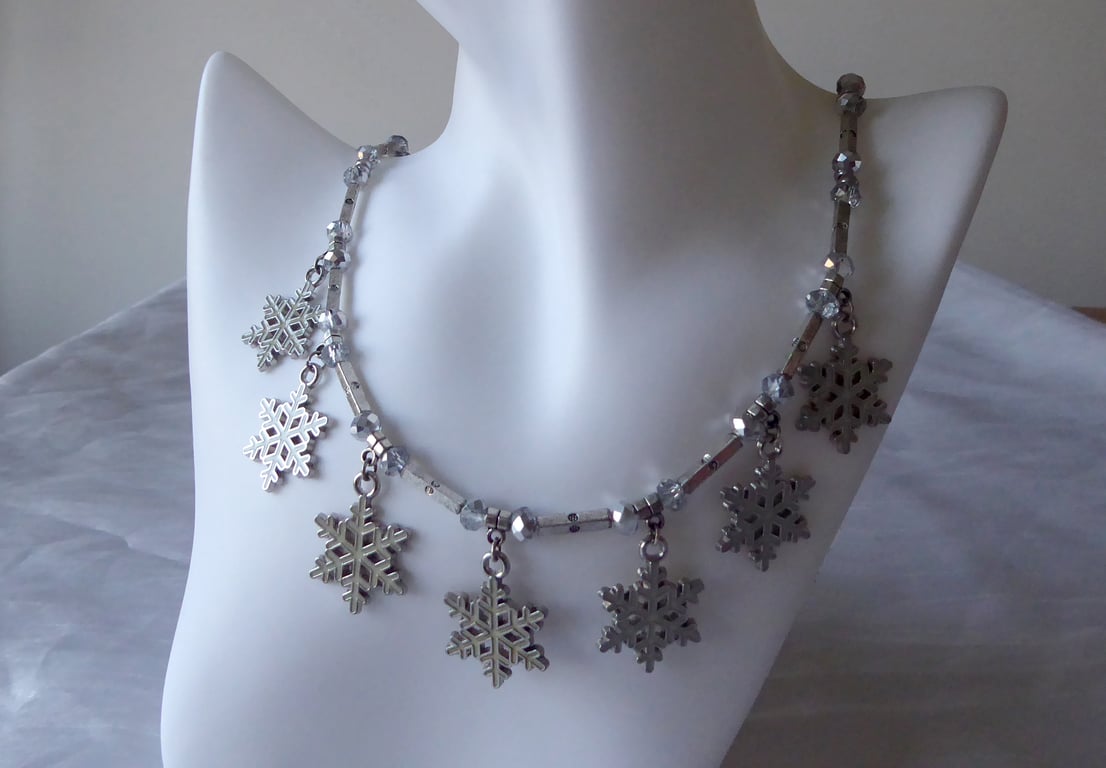 Necklace with Seven Enamelled Snowflakes & Faceted Glass and Metal beads