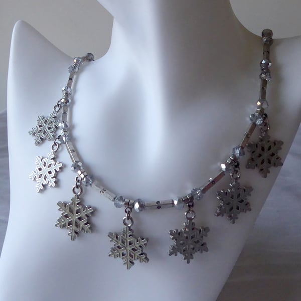 Necklace with Seven Enamelled Snowflakes & Faceted Glass and Metal beads