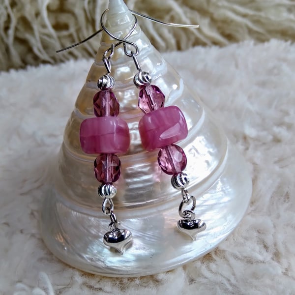 Sweet pink LAMPWORK glass with Czech glass beads & Tibetan silver HEART earrings