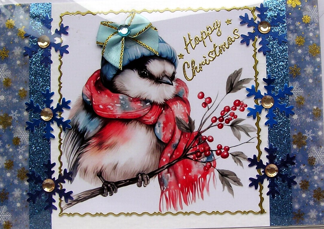 Hand Crafted Decoupage Chistmas Card - Happy Christmas (3363) Robin Wearing Hat