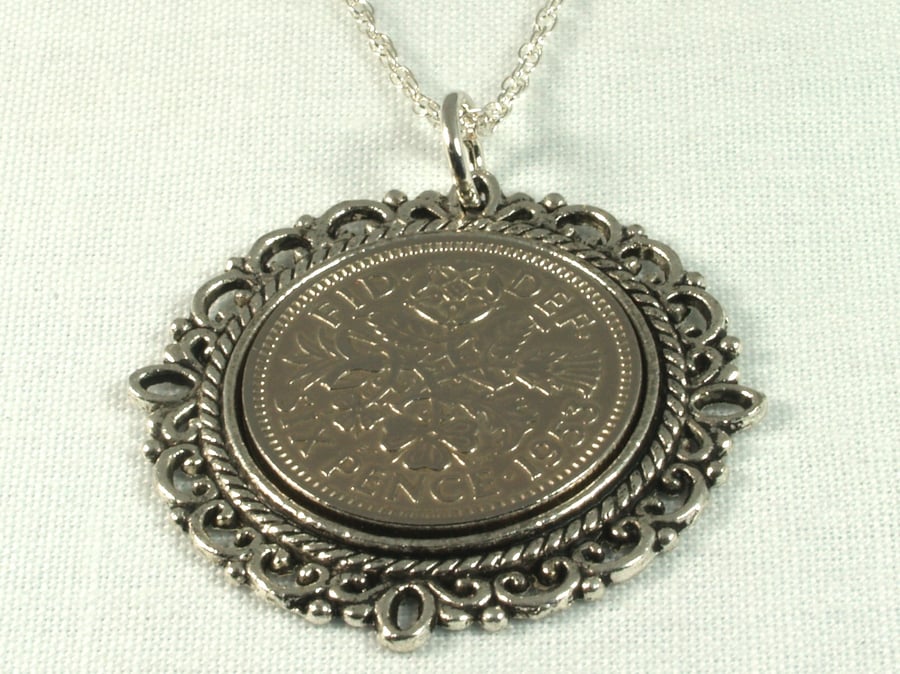 Fancy Pendant 1953 Lucky sixpence 68th Birthday plus a Sterling Silver 18in Chai