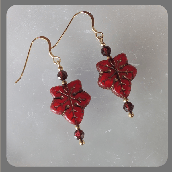 Red Czech Glass Leaf, Garnet and Vermeil Earrings