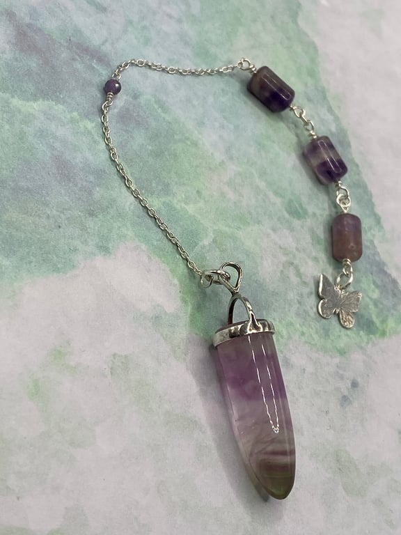 Green and purple fluorite pendulum on sterling silver chain