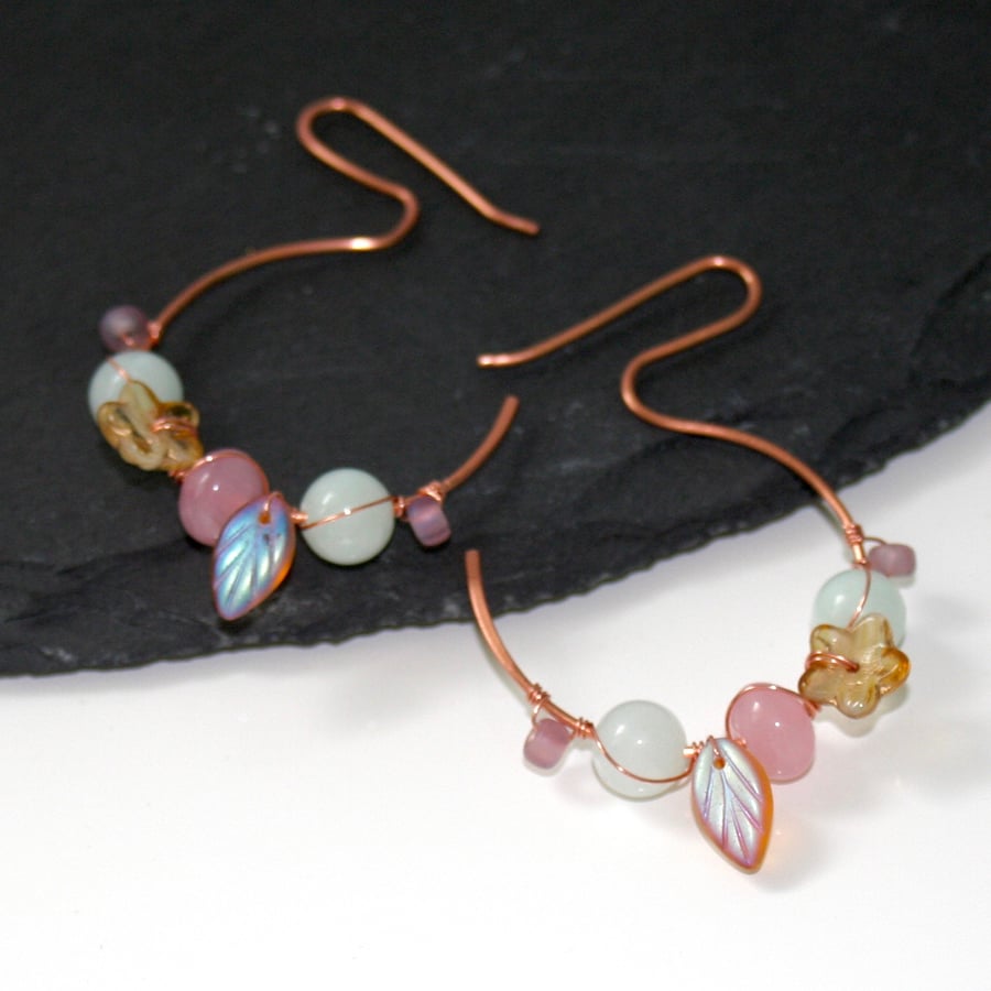 Spring garden - wire wrapped beaded hoop earrings