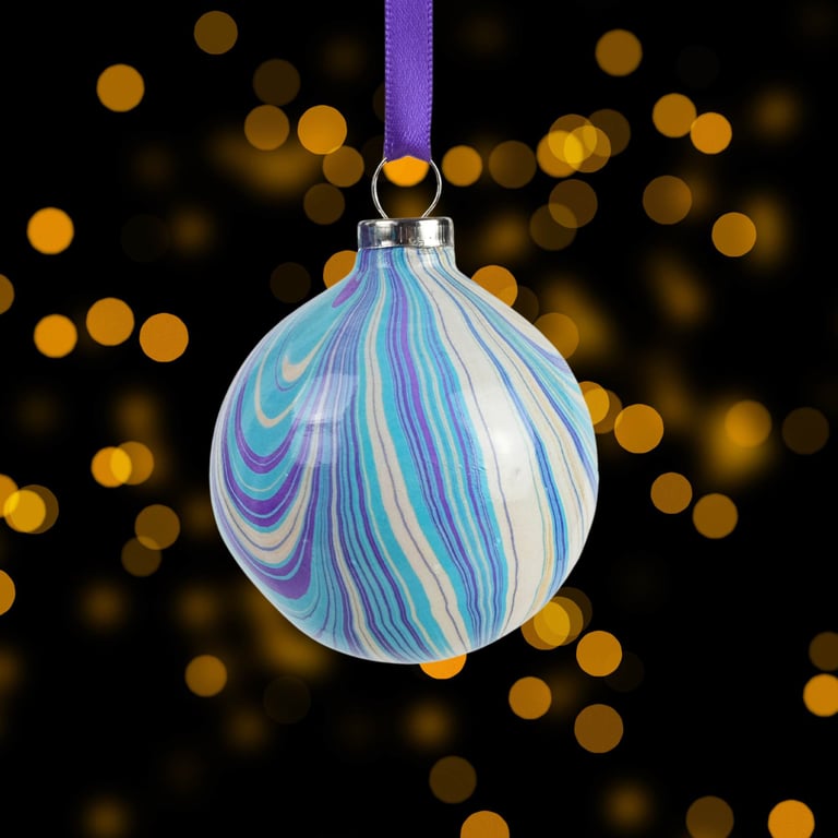 Purple gold and turquoise marbled round ceramic Christmas bauble 