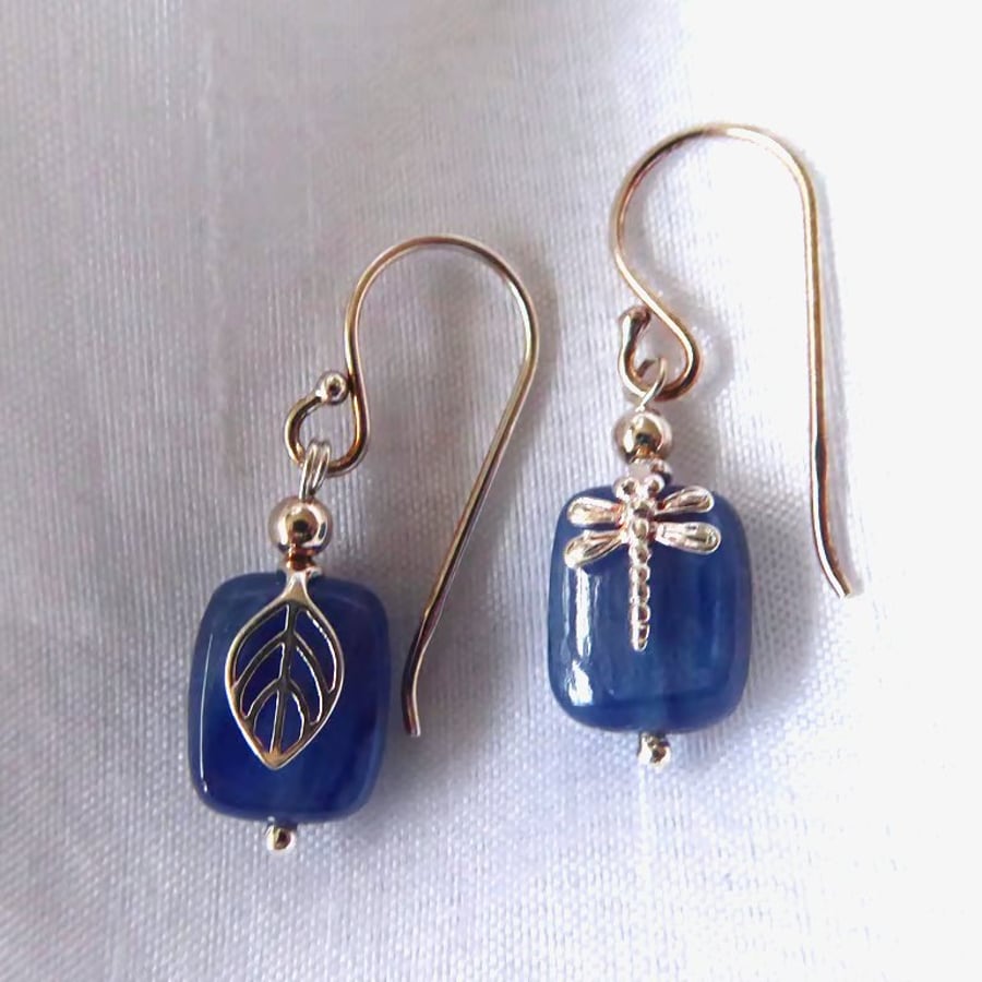 Kyanite & Sterling Silver Earrings with Leaf and Dragonfly