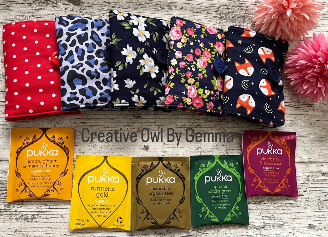 Fabric tea bag holder case pouch tea sachets floral leopard polka dot fox travel