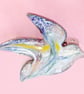 enamel brooch - bird scrolled blue and yellow over white - Image 1