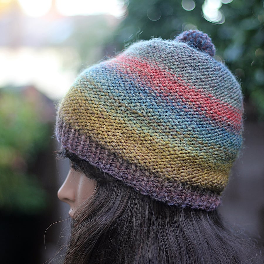 Knitted beanie hat multicolour with pom pom, womens gift guide