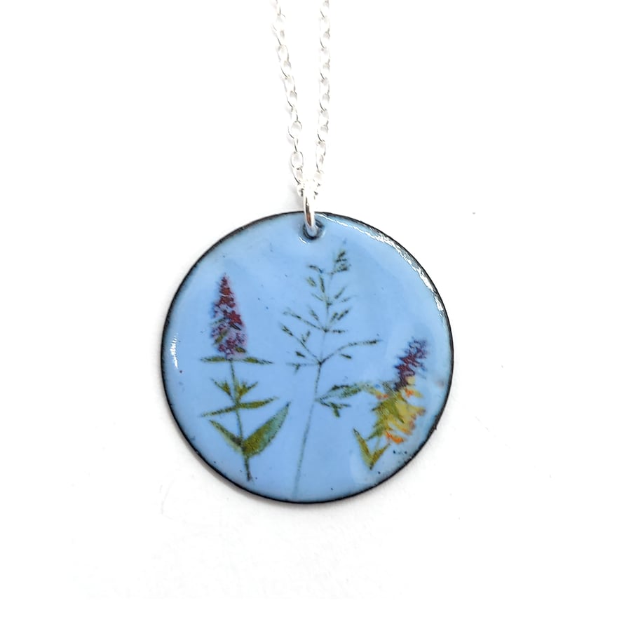 Pale blue enamel Wild Flowers round pendant necklace
