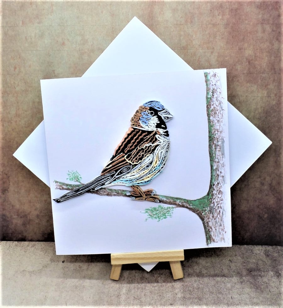 Charming quilled House Sparrow on hand painted branch open card