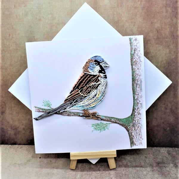 Charming quilled House Sparrow on hand painted branch open card