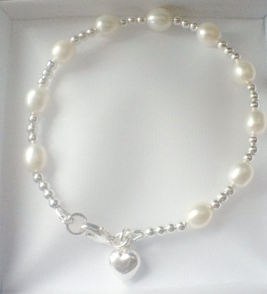 White Pearl Heart Charm Bracelet, Sterling Silver Bracelet,  Bridal Jewellery